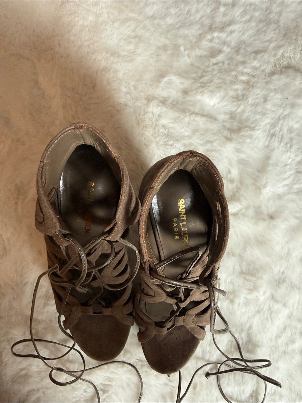Saint Laurent Taupe Suede Lace-Up Cutout Stiletto Heels - Picture 3 of 6